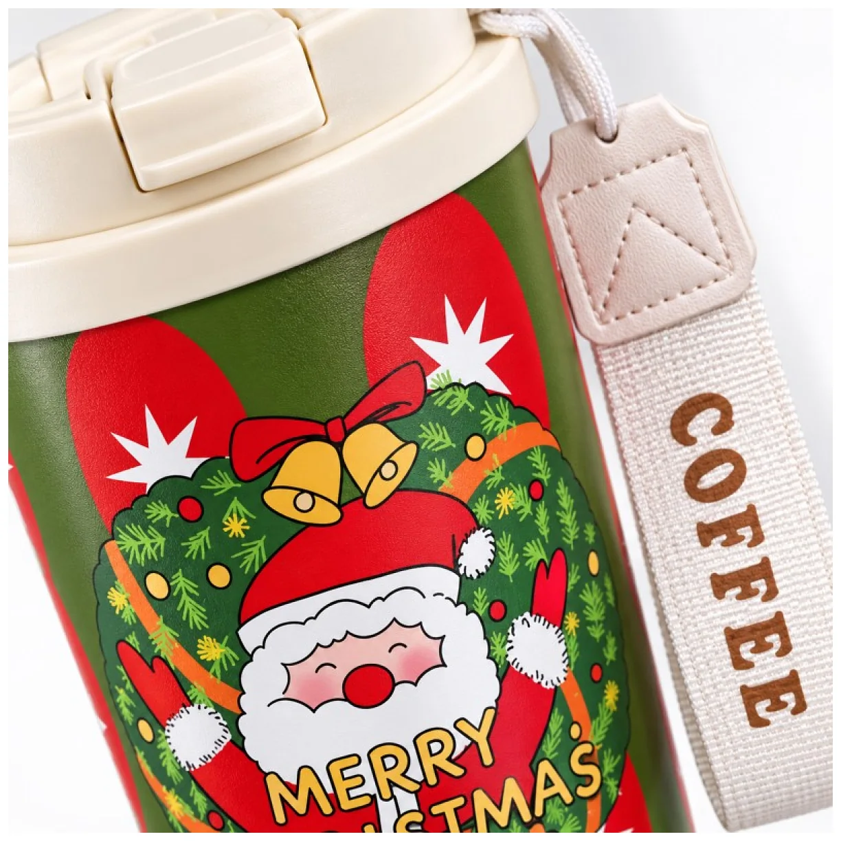 Świąteczny kubek termiczny 550ml z uchwytem i ustnikiem, MERRY CHRISTMAS - obrazek 4