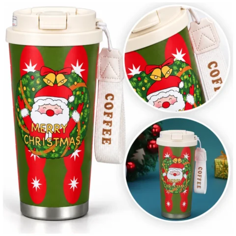 Świąteczny kubek termiczny 550ml z uchwytem i ustnikiem, MERRY CHRISTMAS