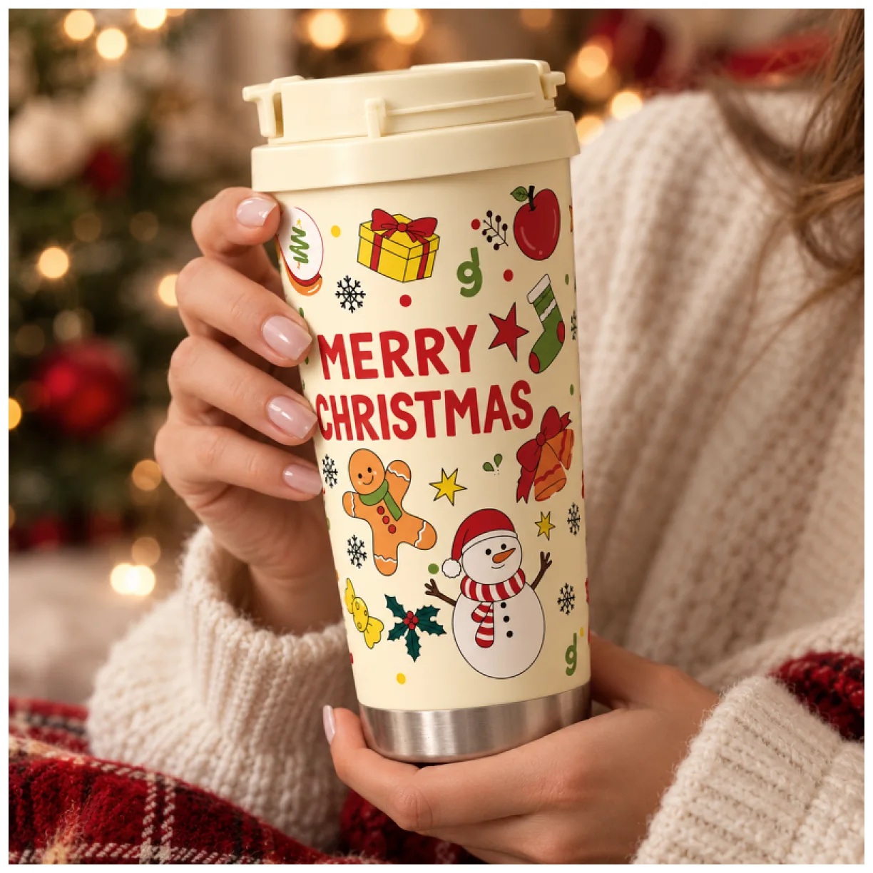 Świąteczny kubek termiczny 520ml z uchwytem i ustnikiem, MERRY CHRISTMAS - obrazek 2