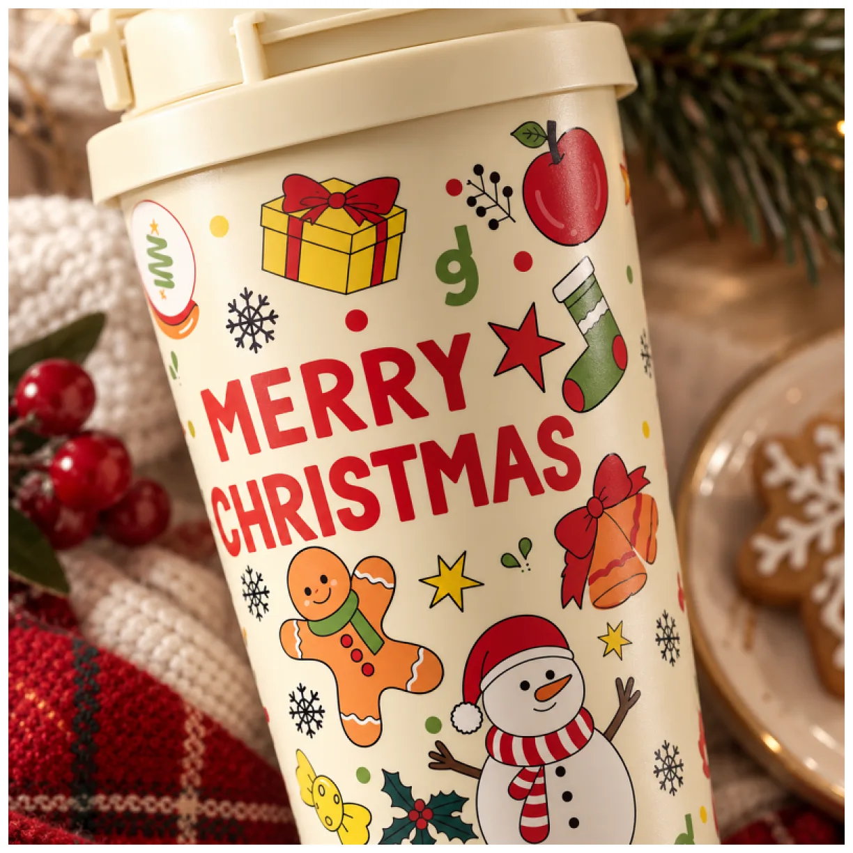 Świąteczny kubek termiczny 520ml z uchwytem i ustnikiem, MERRY CHRISTMAS - obrazek 3