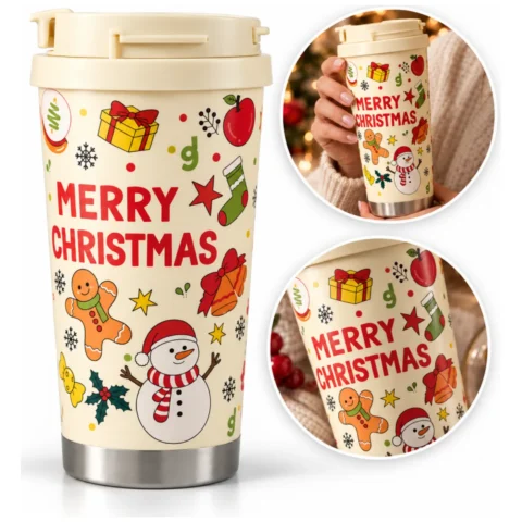 Świąteczny kubek termiczny 520ml z uchwytem i ustnikiem, MERRY CHRISTMAS