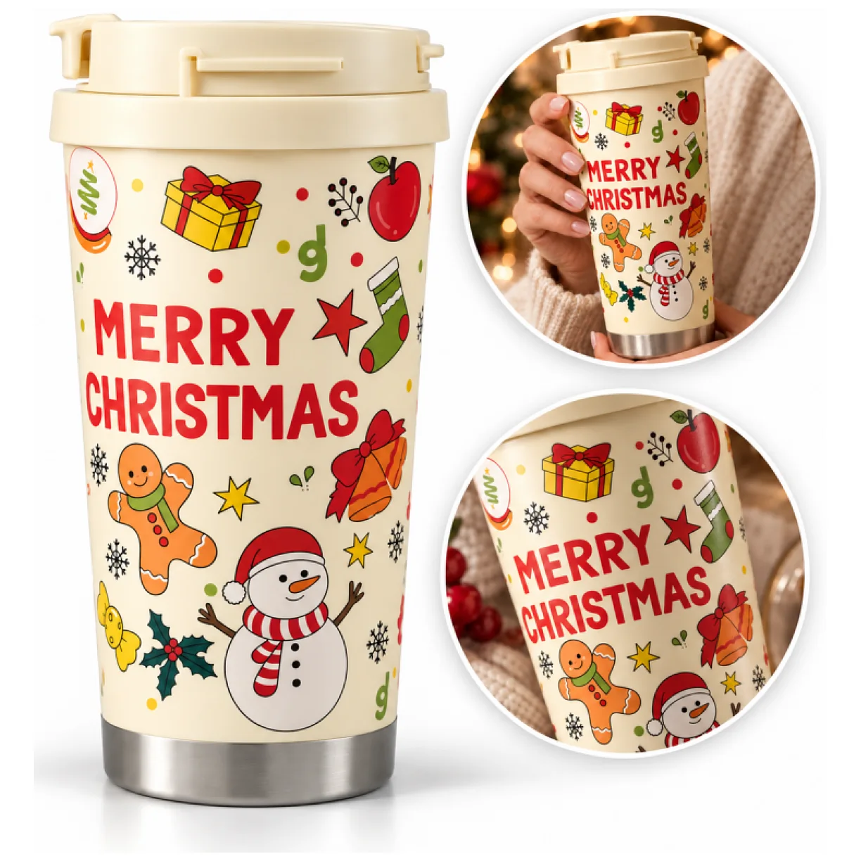 Świąteczny kubek termiczny 520ml z uchwytem i ustnikiem, MERRY CHRISTMAS