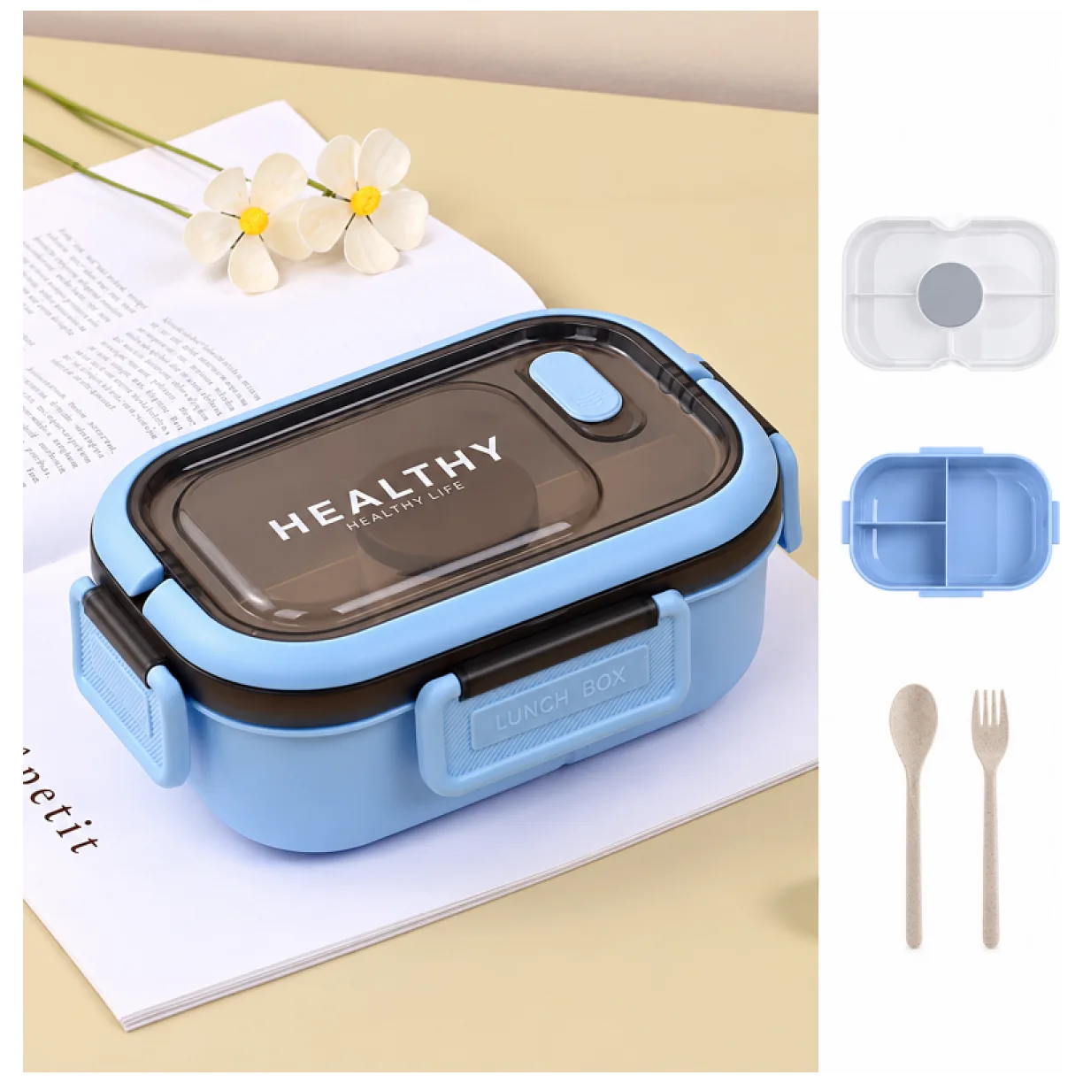 Śniadaniówka LUNCH BOX ze sztućcami 21 x 14,5 x 8cm niebieski - obrazek 2