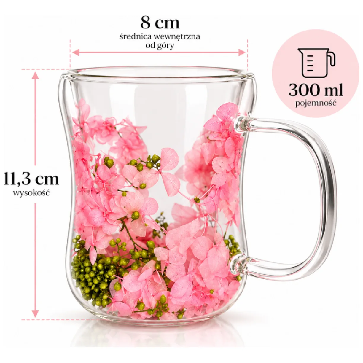 Szklanka termiczna z kwiatami w środku 300ml 1szt, pełna hortensji, róż i zieleń - obrazek 4