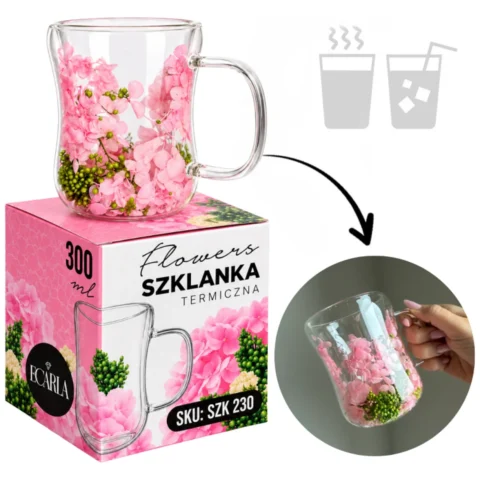 Szklanka termiczna z kwiatami w środku 300ml 1szt, pełna hortensji, róż i zieleń