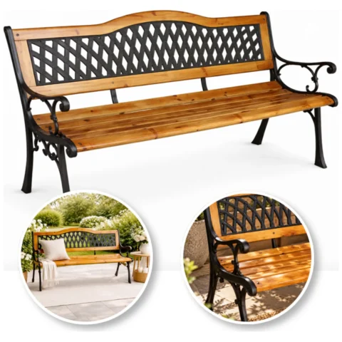 Ławka ogrodowa z oparciem, parkowa, metalowa z PCV, drewniana 125x52x74CM