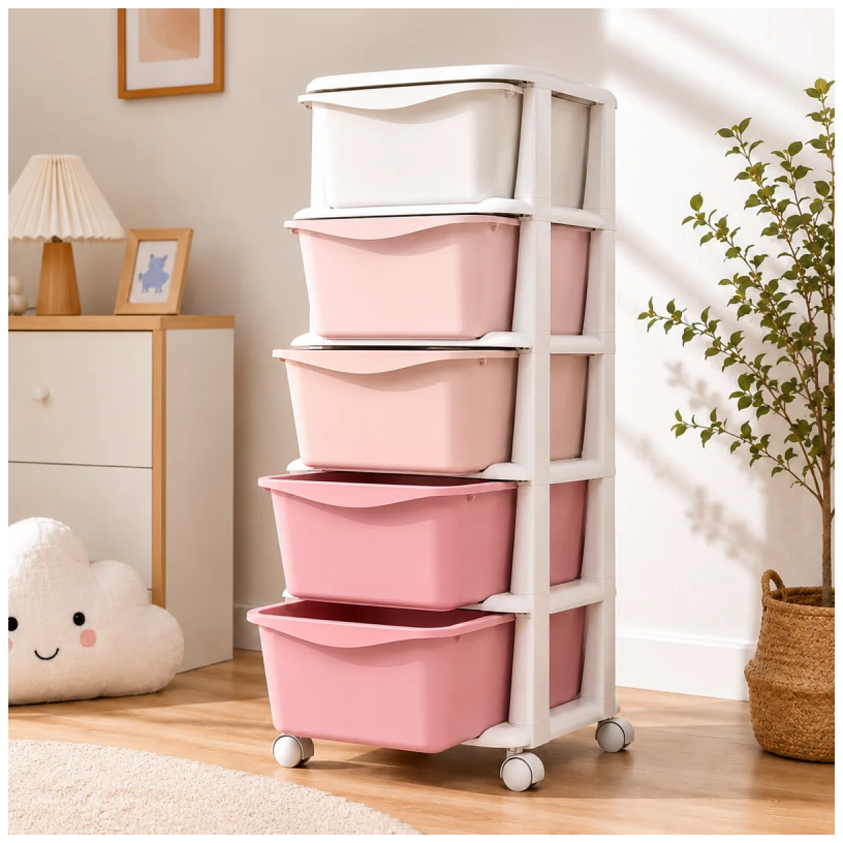 Plastikowy regał na kółkach szafka szuflady szafa 97x38x37cm OMBRE różowy - obrazek 5
