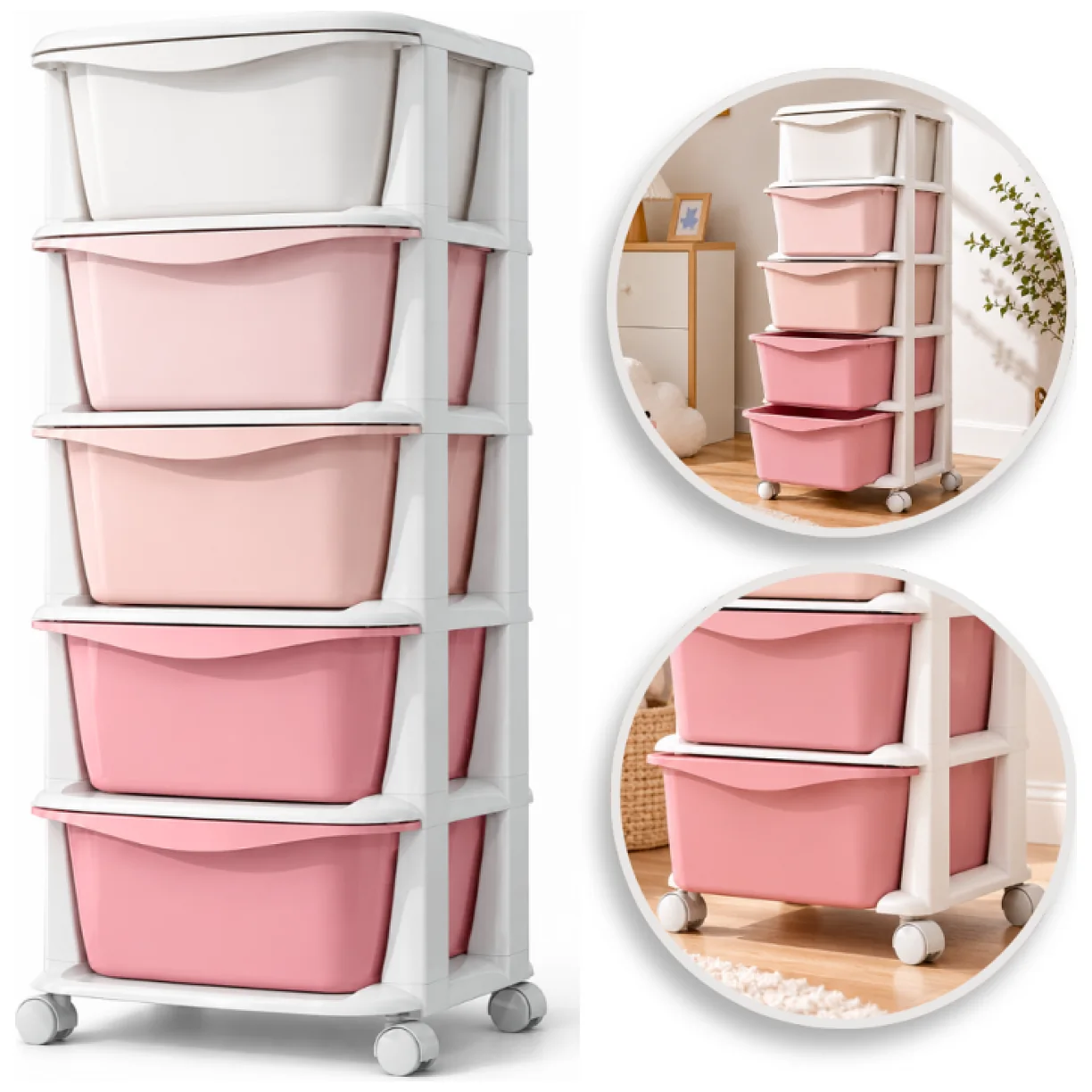 Plastikowy regał na kółkach szafka szuflady szafa 97x38x37cm OMBRE różowy