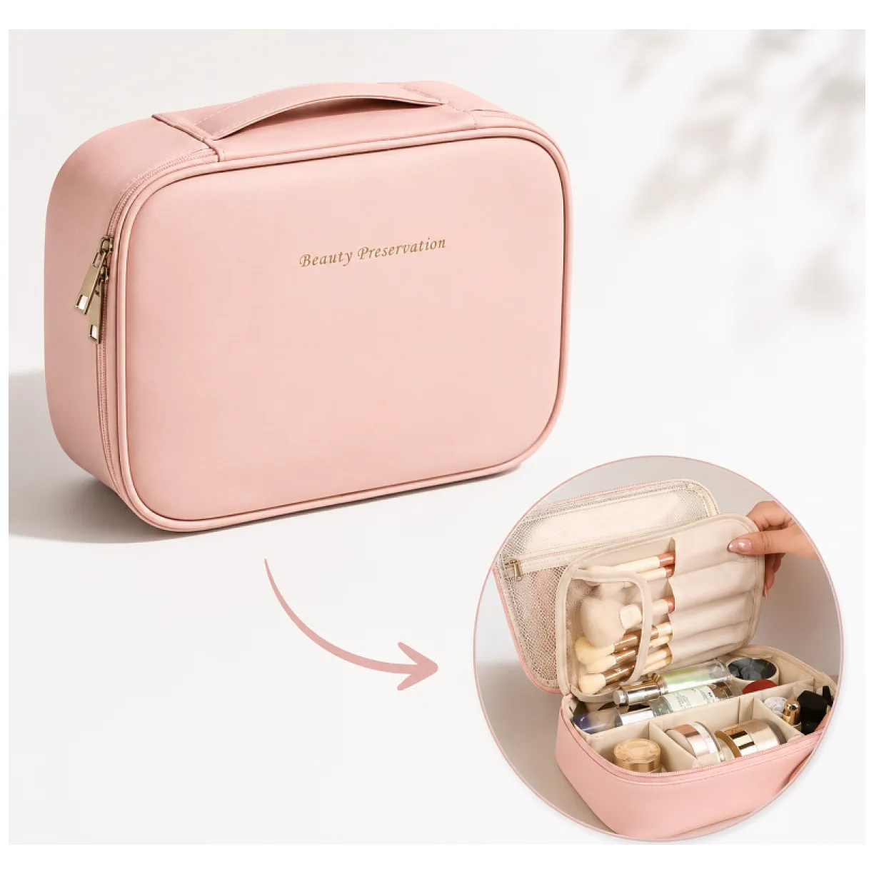 Kosmetyczka rozkładana elegancka kuferek etui z ekoskóry róż - obrazek 2