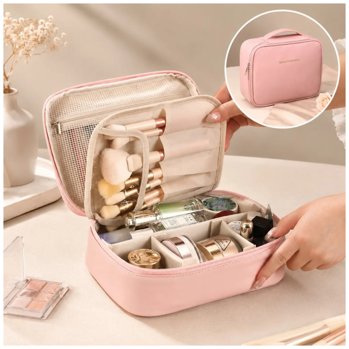 Kosmetyczka rozkładana elegancka kuferek etui z ekoskóry róż - obrazek 3
