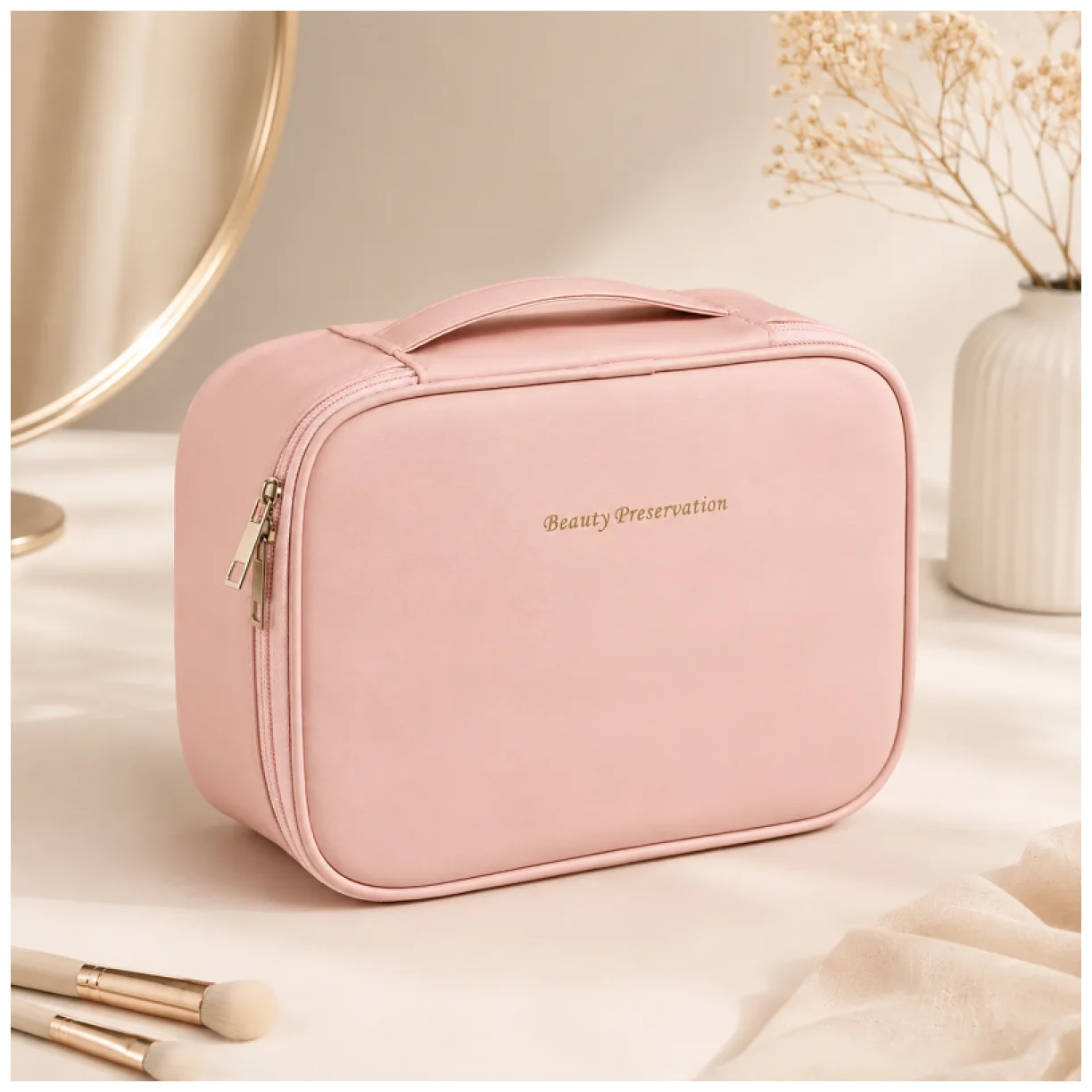 Kosmetyczka rozkładana elegancka kuferek etui z ekoskóry róż - obrazek 4