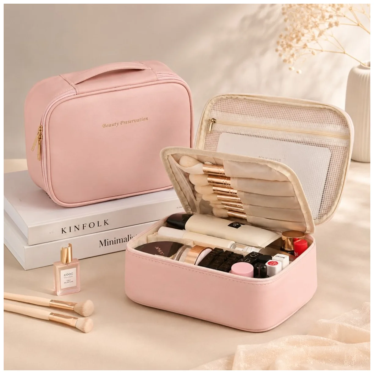 Kosmetyczka rozkładana elegancka kuferek etui z ekoskóry róż - obrazek 5