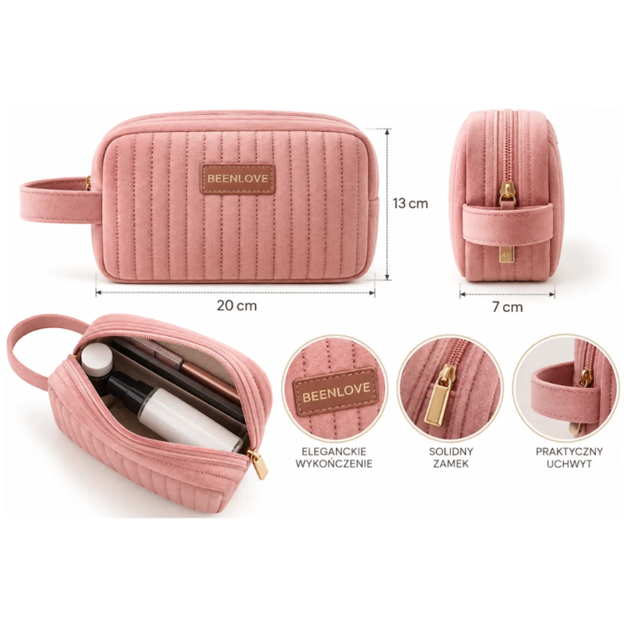 Kosmetyczka damska aksamitna podłużna 20cm x 13cm różowa - obrazek 2