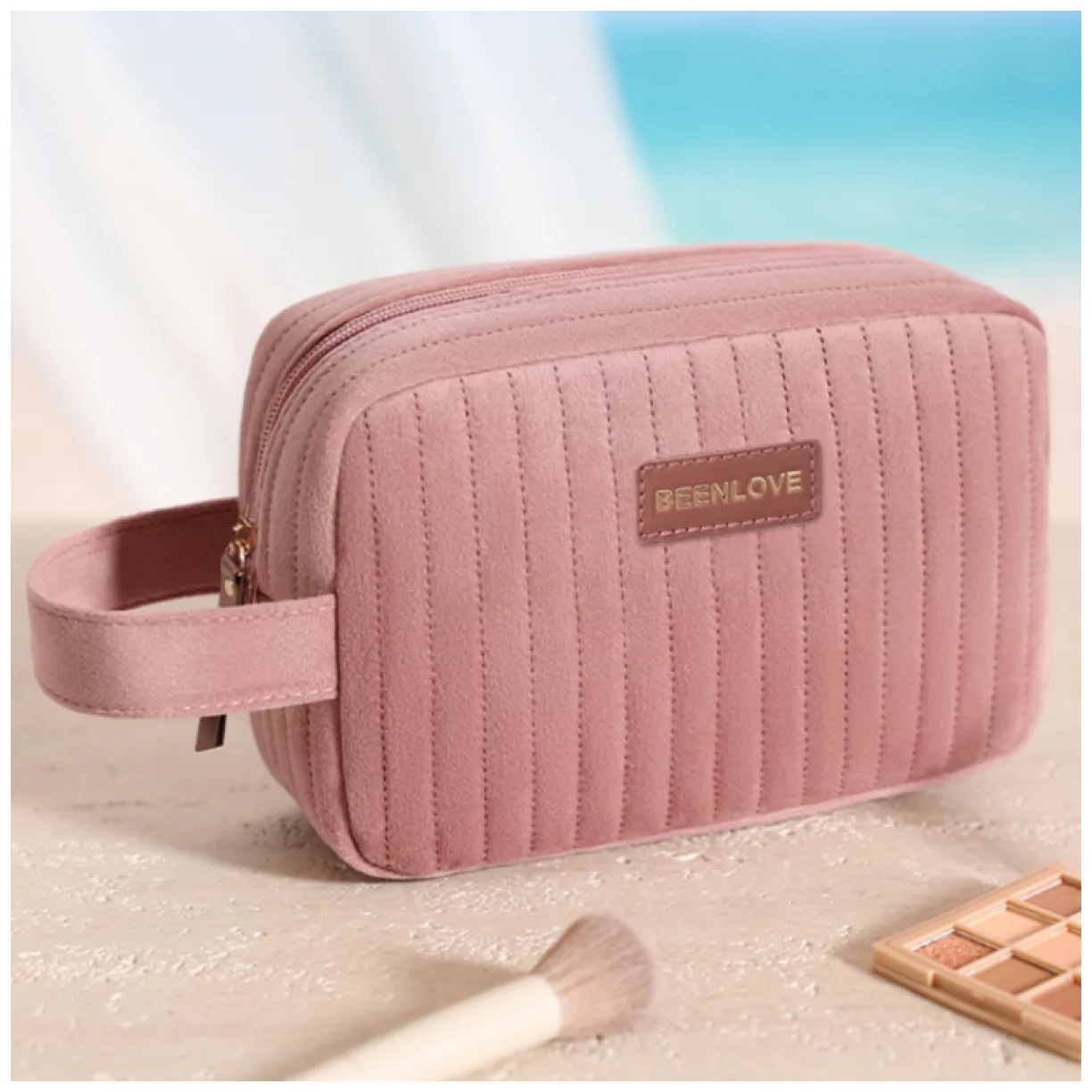 Kosmetyczka damska aksamitna podłużna 20cm x 13cm różowa - obrazek 3