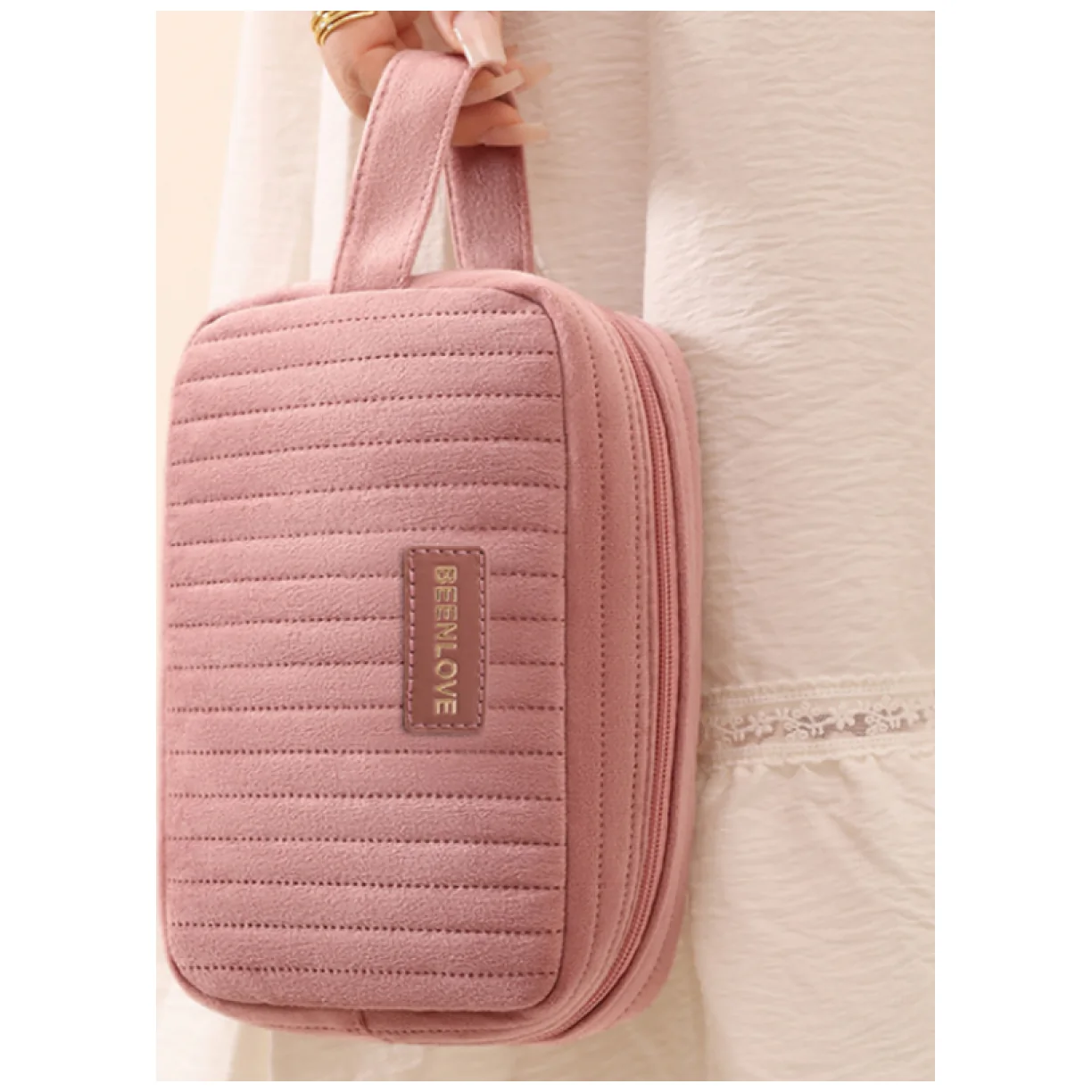 Kosmetyczka damska aksamitna podłużna 20cm x 13cm różowa - obrazek 5