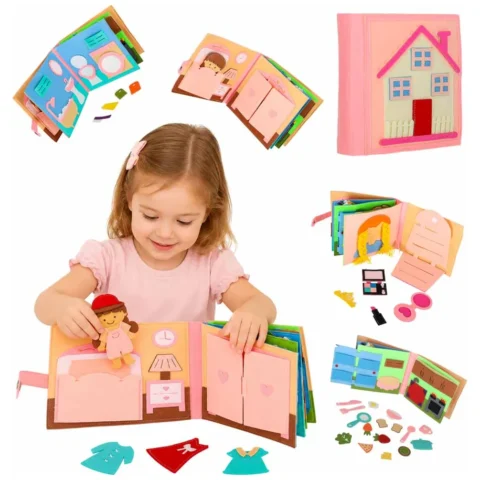 Książeczka sensoryczna edukacyjna filcowa 3D manipulacyjna ruchome elementy dom