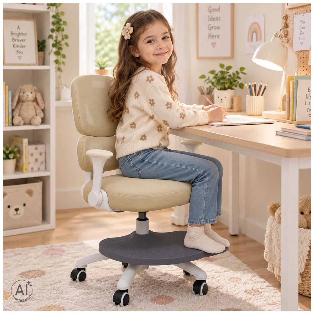 Krzesło do biurka dla dziecka fotel ergonomiczny obrotowy regulowany beżowy - obrazek 8