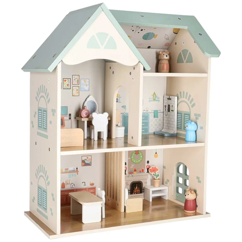 Domek dla lalek drewniany LULILO mebelki figurki 56cm miętowy - obrazek 6