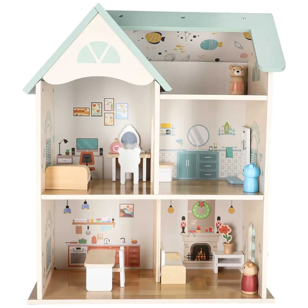 Domek dla lalek drewniany LULILO mebelki figurki 56cm miętowy - obrazek 7