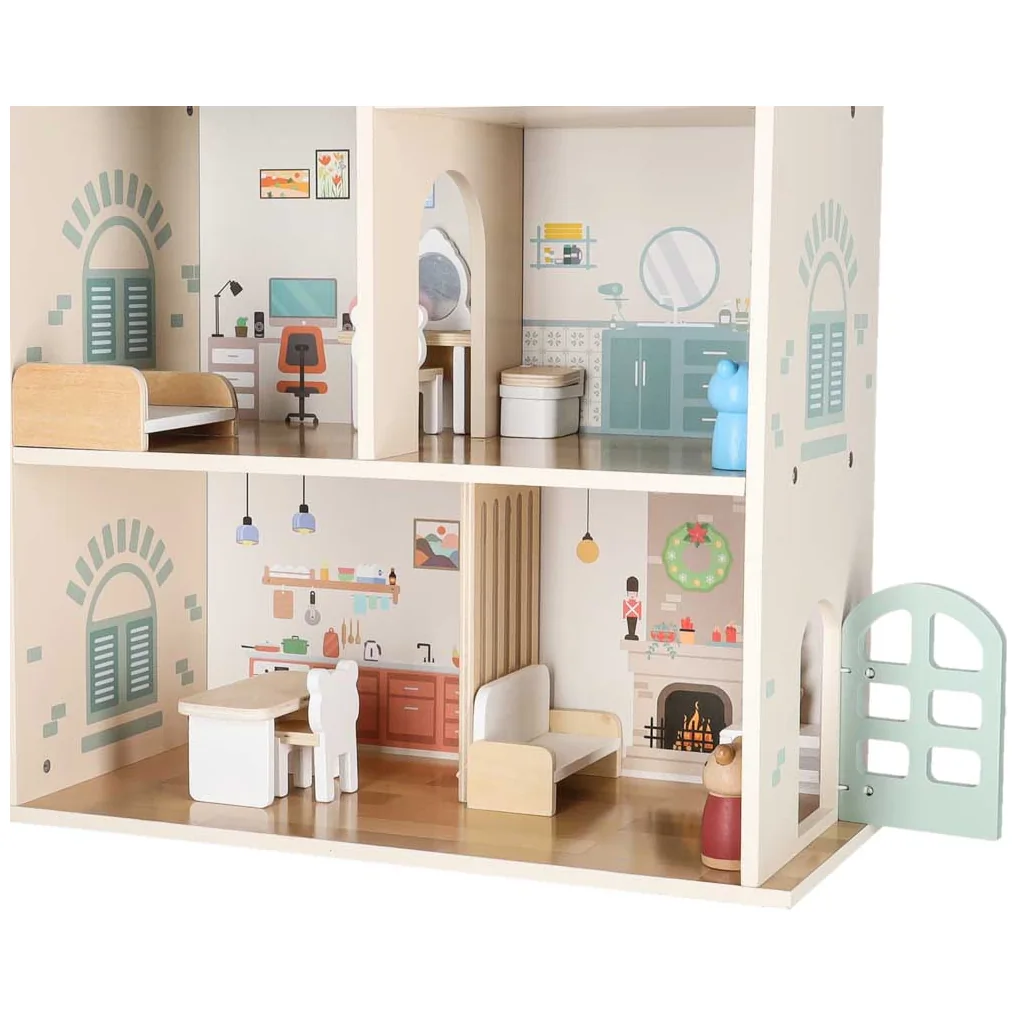 Domek dla lalek drewniany LULILO mebelki figurki 56cm miętowy - obrazek 8